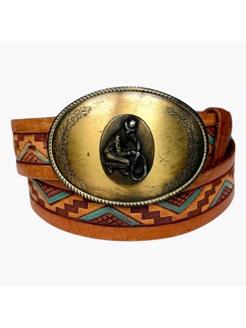 Vintage Chambers Leather Western Belt Tan Tooled Painted Brass Cowboy Buckle